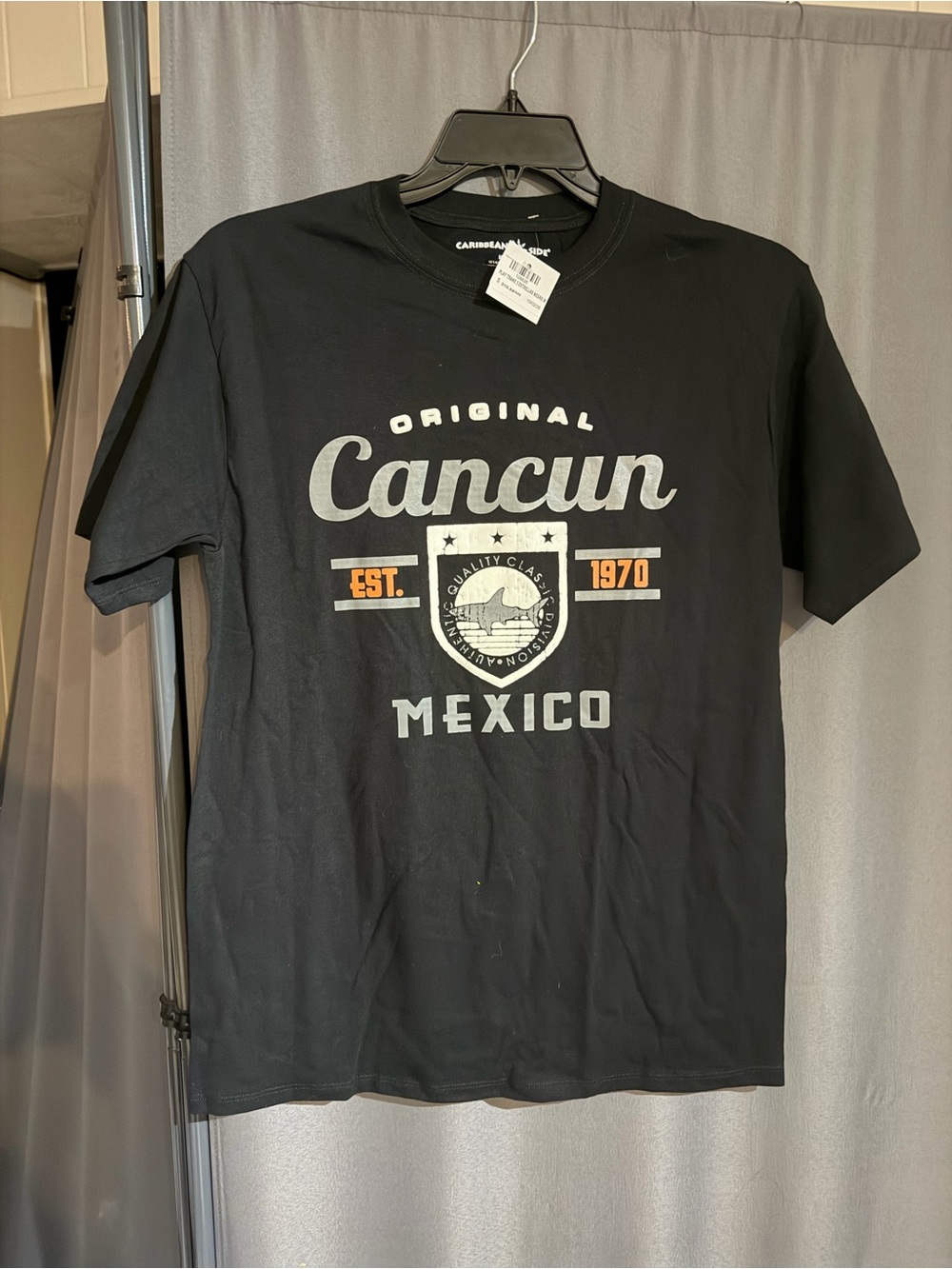 Caribbean Side Black Cancun Mexico Graphic Tee with Orange Accents